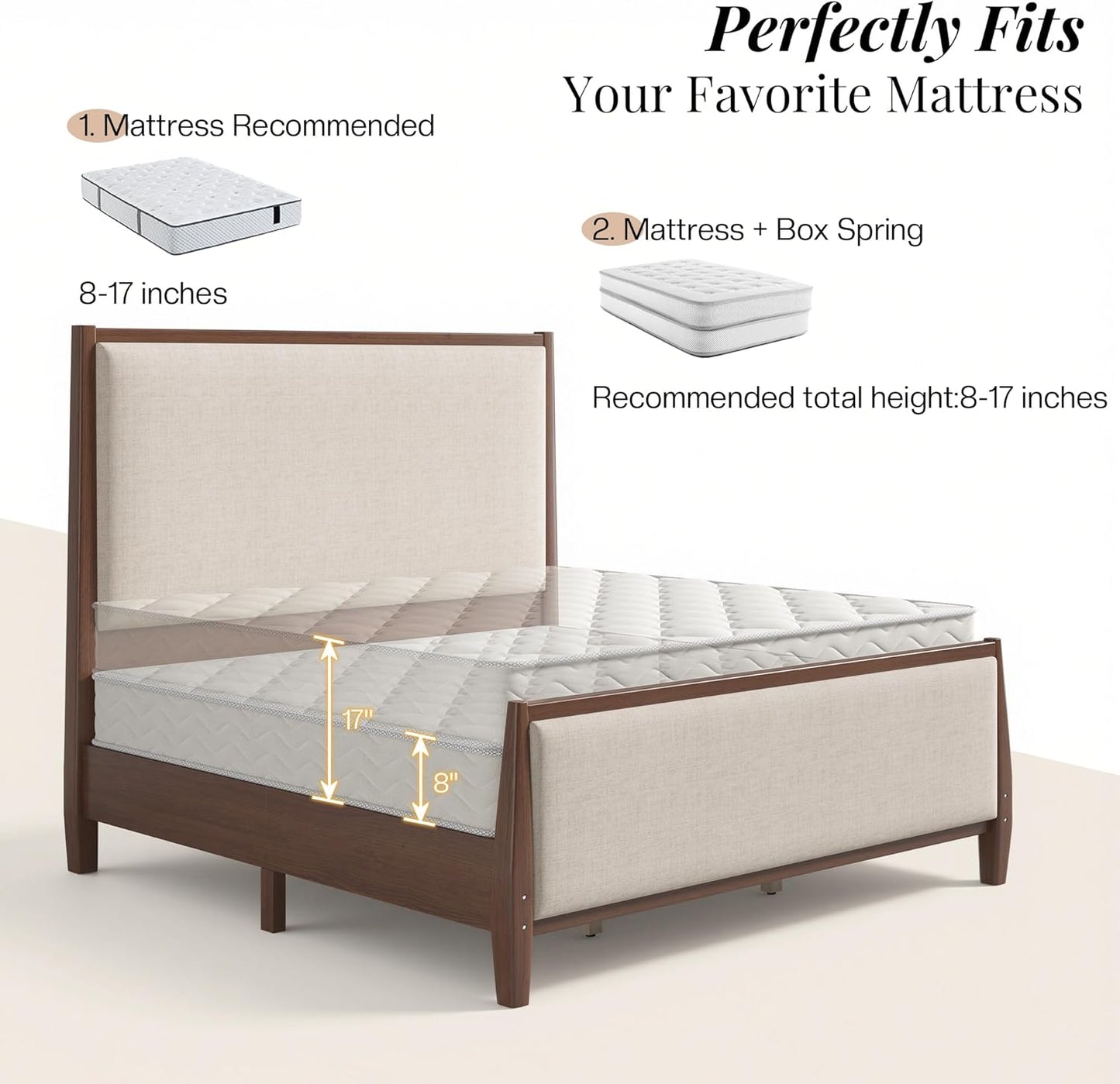 Jocisland 58" Tall Solid Wood Bed Frame with Upholstered Headboard & Footboard, Wooden Platform Bedframe, No Box Spring Needed, Easy Assembly, Modern Farmhouse Style