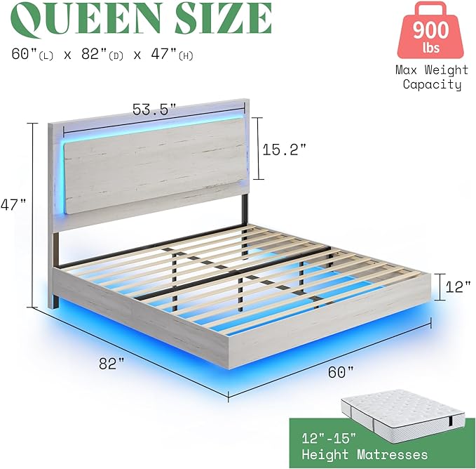 Full Bed Frame, Farmhouse Floating Bed Frame with Recline Headboard, Platform Bed with LED Light, No Box Spring Needed/Noise Free, Distressed White