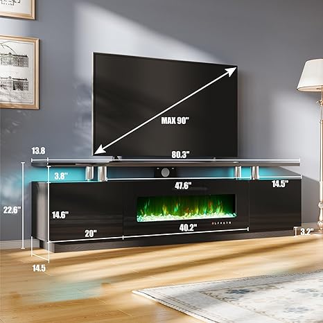 Fireplace TV Stand with 40" Fireplace, 80" Modern High Gloss Fireplace Entertainment Center LED Lights, 2 Tier TV Console Cabinet for TVs Up to 90", Obsidian Black