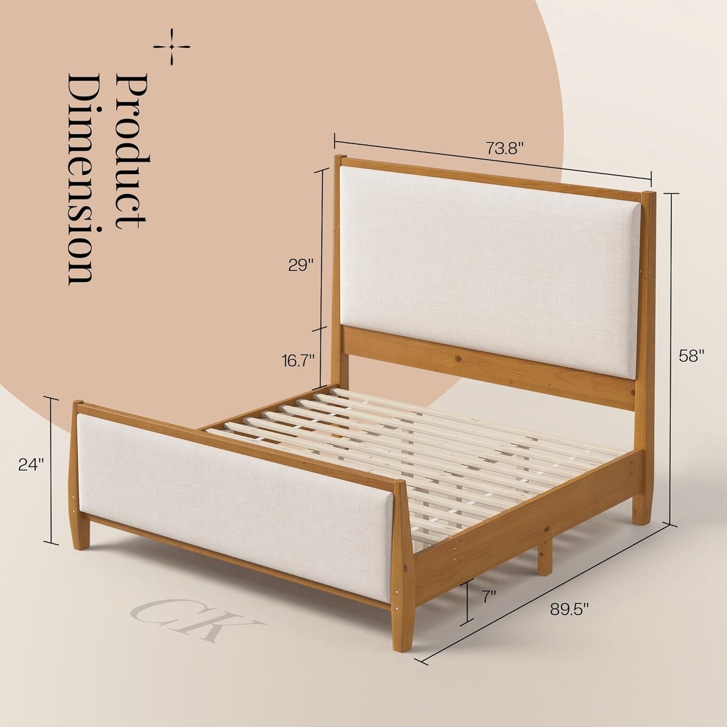 Jocisland 58" Tall Solid Wood Bed Frame with Upholstered Headboard & Footboard, Wooden Platform Bedframe, No Box Spring Needed, Easy Assembly, Modern Farmhouse Style