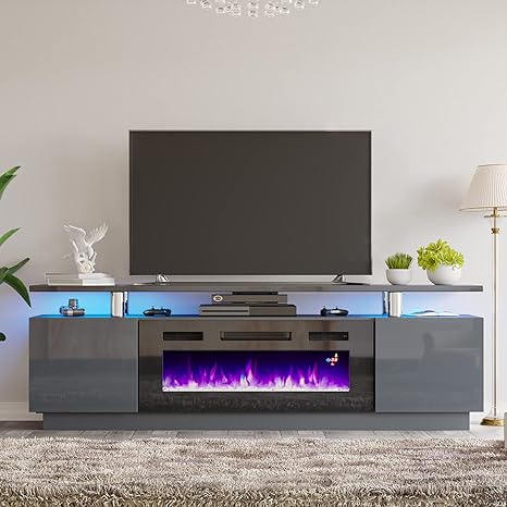 Fireplace TV Stand with 40" Fireplace, 80" Modern High Gloss Fireplace Entertainment Center LED Lights, 2 Tier TV Console Cabinet for TVs Up to 90", Obsidian Black