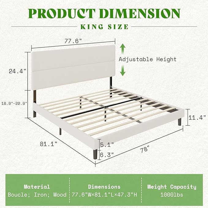 Queen Size Boucle Upholstered Bed Frame, Platform Bed with 47.3" High Adjustable Headboard & Strong Wooden Slats, No Box Spring Needed, Mattress Foundation,White