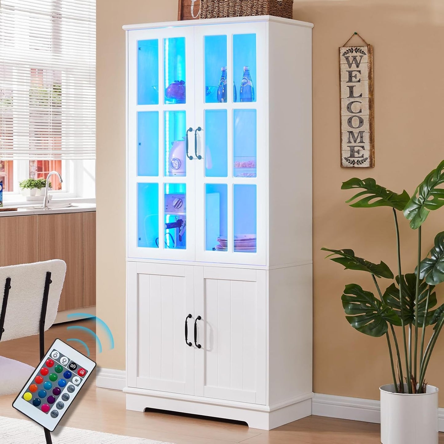Merluxy 71" LED Storage Cabinet with Adjustable Shelves, Display & Kitchen Pantry, White