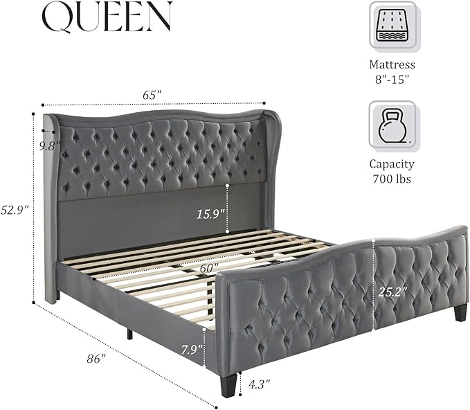 Queen Size Platform Bed Frame, Wavy Velvet Wingback Upholstered Bed with Handmade Deep Button Tufted 52.9" High Headboard & Footboard/No Box Spring Needed/Grey