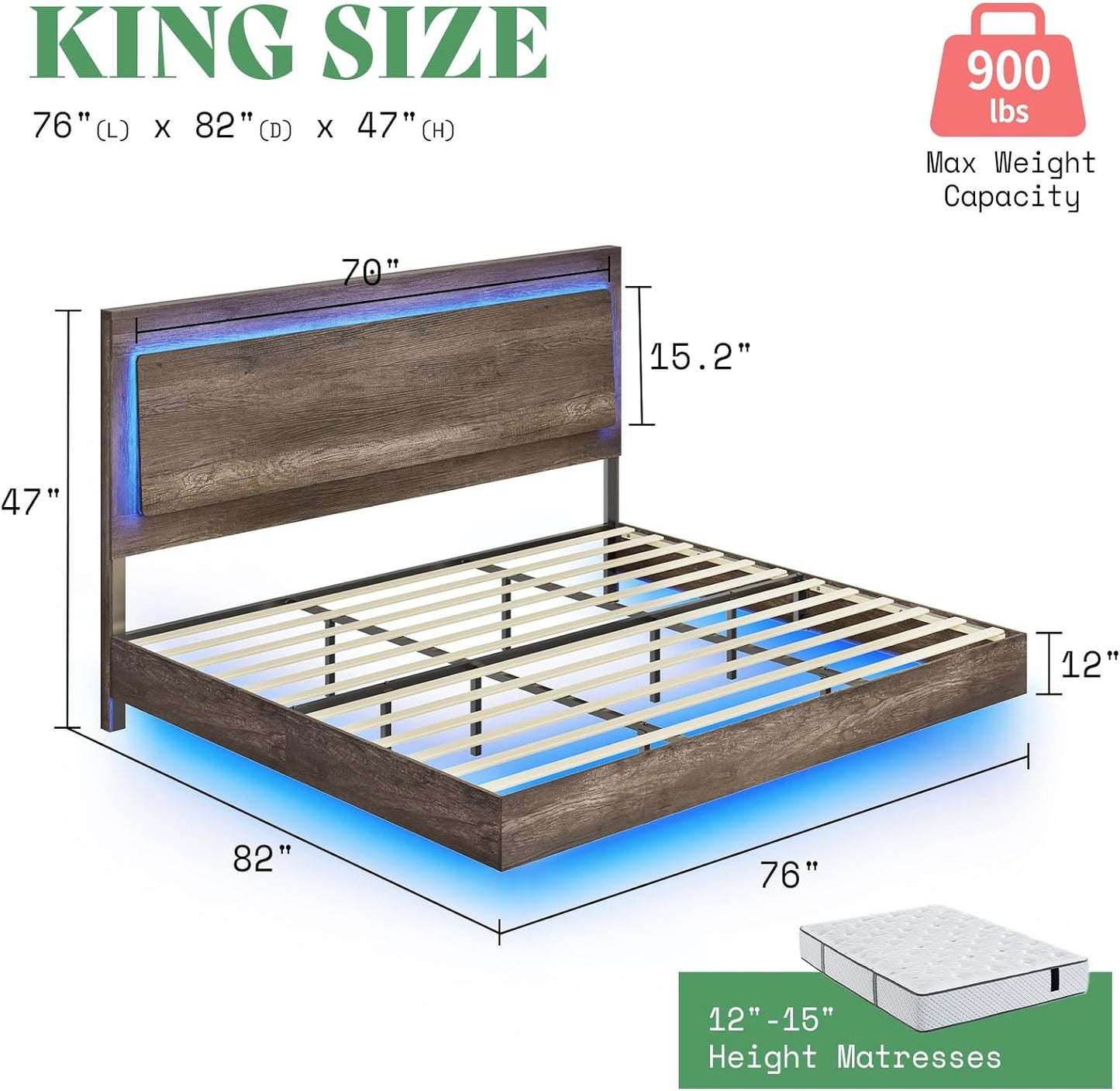 Bed Frame, Farmhouse Floating Bed Frame with Recline Headboard, Platform Bed with LED Light, No Box Spring Needed/Noise Free