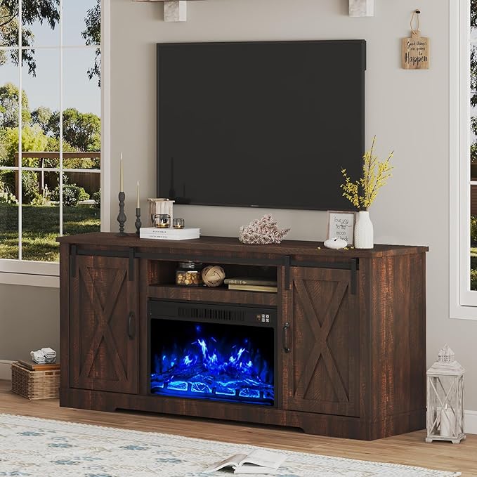 TV Stand with Sliding Barn Door for TVs up to 65", Farmhouse 59" Fireplace Entertainment Center with Storage Cabinets/Adjustable Shelves, Distressed White & Barnwood