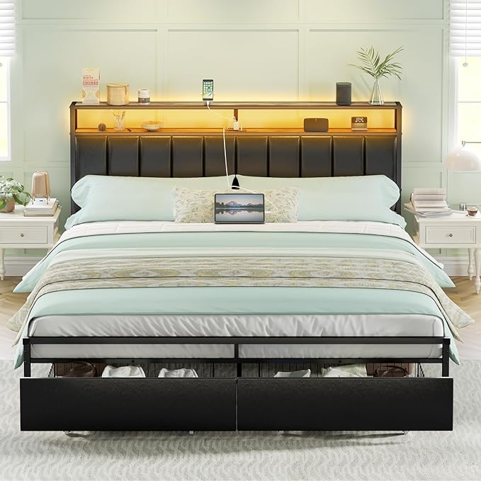 Queen Bed Frame with 2 Storage Drawers, LED Lights, Black