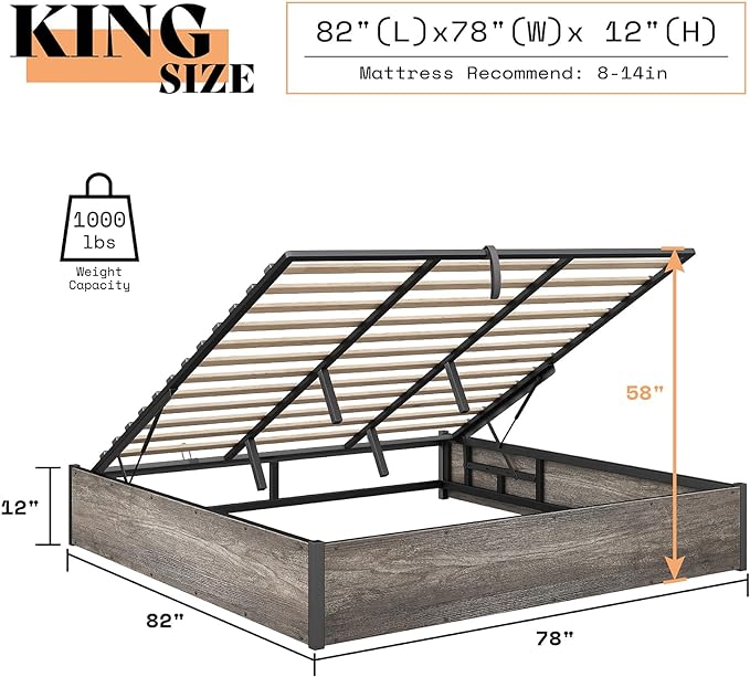 Lift Up Storage Bed, Full Bed Frame with Storage Underneath, Wooden Platform Bed Frame, Solid Wood Slats Support, No Fixed Headboard, No Box Spring Needed, Rustic Grey