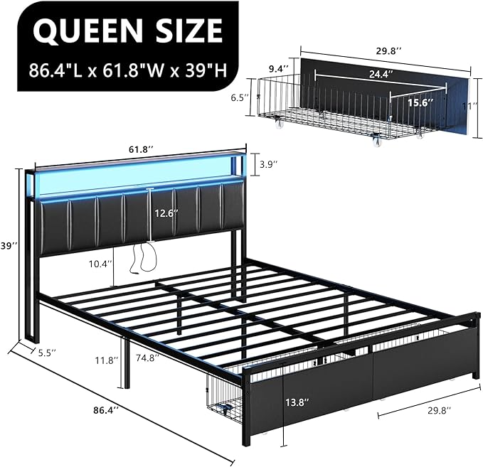 Queen Bed Frame with 2 Storage Drawers, LED Lights, Black