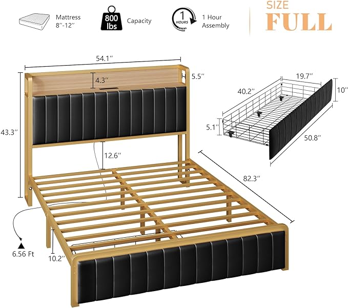 Full Size Bed Frame with Motion Sensor Light, Upholstered Platform Bed with Integrated Drawer,Storage Headboard/Charging Station/Noise Free/Easy Assembly, Gold & Black