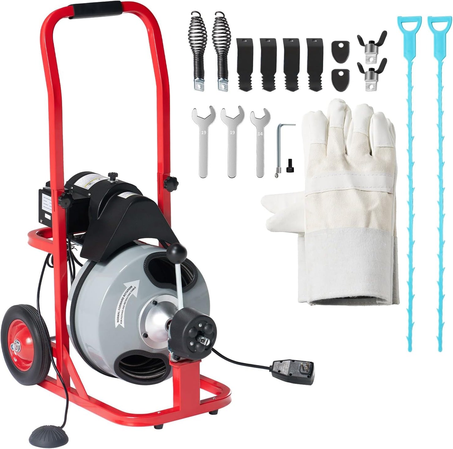 Jocisland 75 FT x 3/8 inch Drain Cleaner Machine, Auto Feed Electric Drain Snake with 10 Cutters & Air-activated Foot Switch for 1 to 4 Inch Pipes, Sewer Snake Auger, Grey/Red