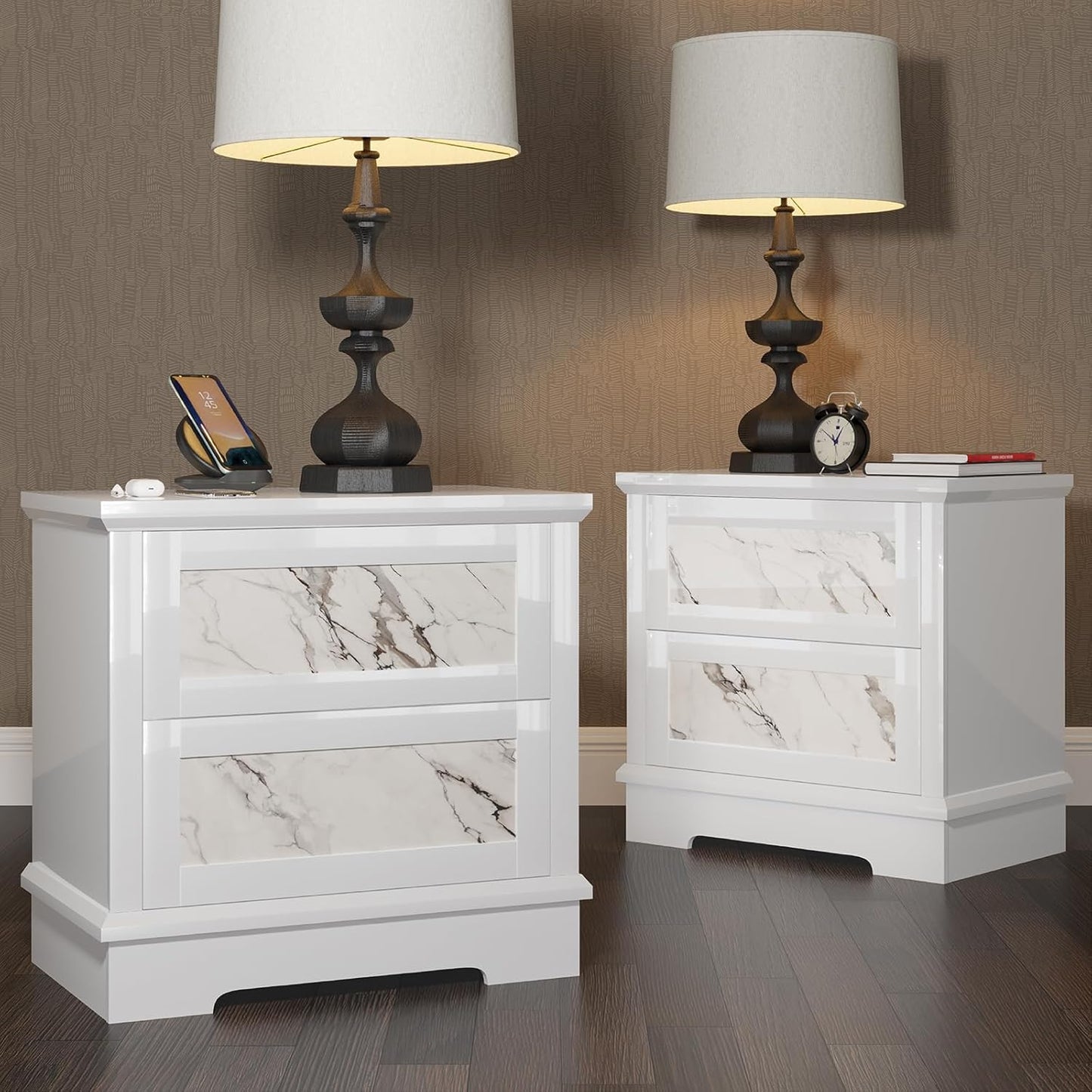Luxury Natural Marble Nightstand Set of 2 with Drawers, High Gloss Side Tables in Living Room, Storage End Table for Bedroom with Hidden Door
