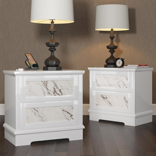 Luxury Natural Marble Nightstand Set of 2 with Drawers, High Gloss Side Tables in Living Room, Storage End Table for Bedroom with Hidden Door