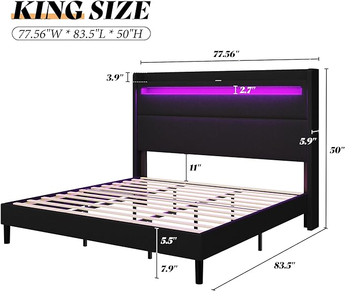 Queen Bed Frame with LED Lights and Wingback Headboard, Upholstered Platform Bed with USB and USB-C Ports, No Box Spring Required/Noise-Free/Black