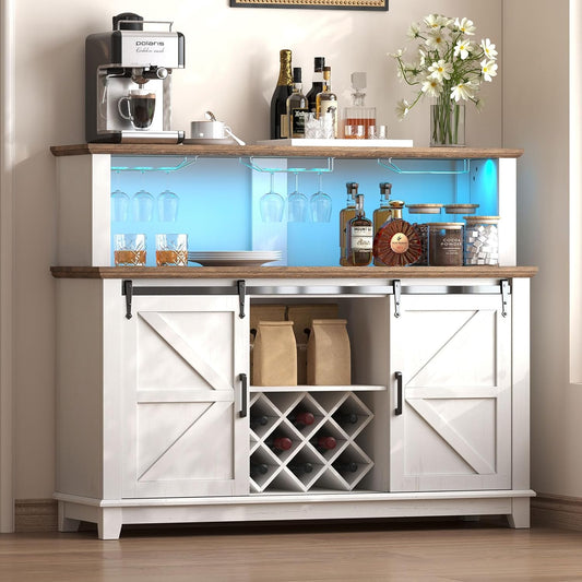 55" Farmhouse Coffee Bar Cabinet with LED Lights, Buffet Cabinet with Storage & Wine Racks, Home Liquor Cabinet with Adjustable Shelves & Sliding Barn Door