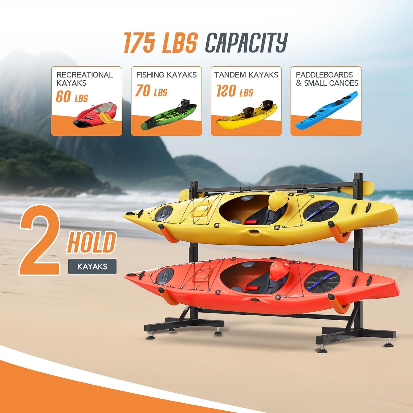 Jocisland Freestanding Kayak Storage Rack for 2 Kayaks, Adjustable Width Stand with Stable T-Base, EVA Tube Sleeves, for Indoor Outdoor Garage