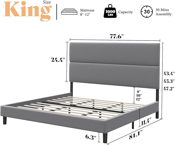 Queen Size Bed Frame with Adjustable Headboard, Linen Upholstered Platform Bed/Strong Wood Slats Support/Easy Assembly/No Box Spring Needed/Noise-Free/Light Grey