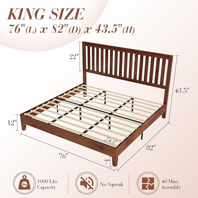 Queen Size Solid Wood Bed Frame, Mid-Century Wooden Platform Bed with Grille Headboard, Wood Slat System/No Box Spring Needed/Noise Free, Natural