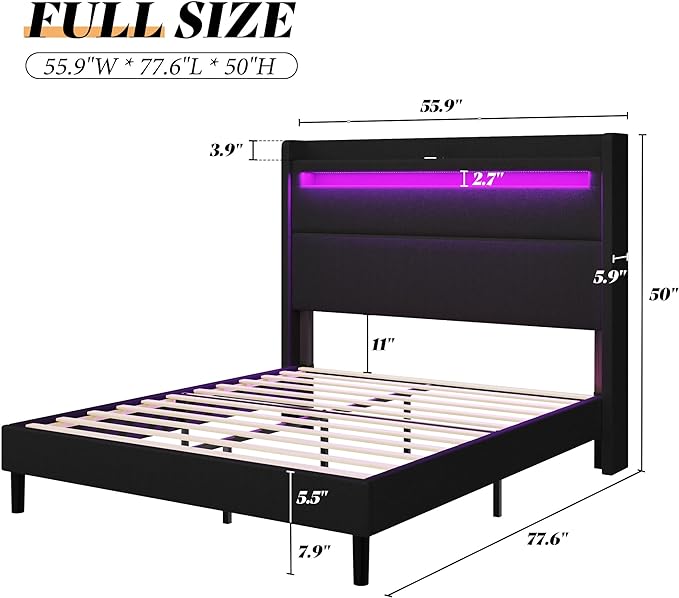 Queen Bed Frame with LED Lights and Wingback Headboard, Upholstered Platform Bed with USB and USB-C Ports, No Box Spring Required/Noise-Free/Black