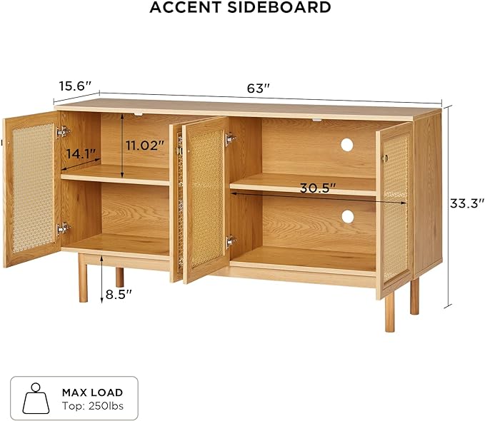 63" Sideboard Buffets Cabinet, 2-Adjustable Shelves Sideboard with 4 Doors, Large Accent Storage Credenzas for Living Room, Dining Room, Bedroom, Natural