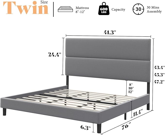 Queen Size Bed Frame with Adjustable Headboard, Linen Upholstered Platform Bed/Strong Wood Slats Support/Easy Assembly/No Box Spring Needed/Noise-Free/Light Grey