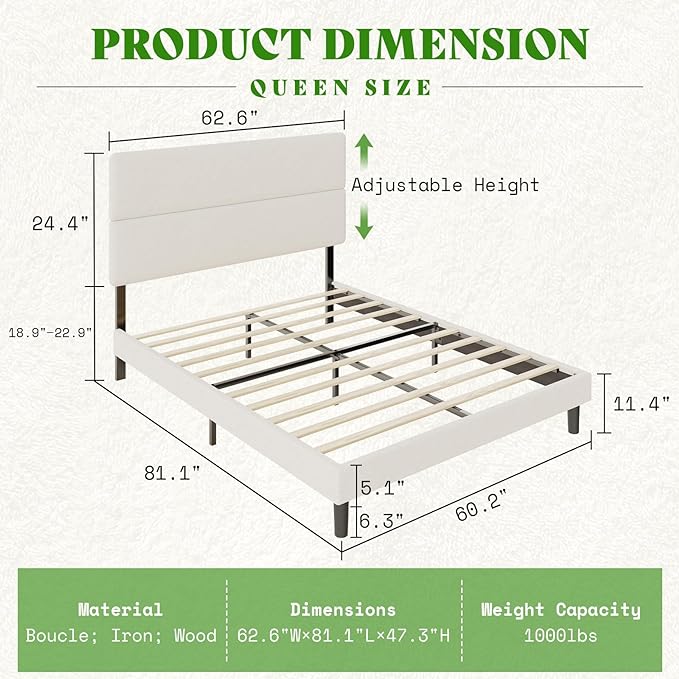 Queen Size Boucle Upholstered Bed Frame, Platform Bed with 47.3" High Adjustable Headboard & Strong Wooden Slats, No Box Spring Needed, Mattress Foundation,White