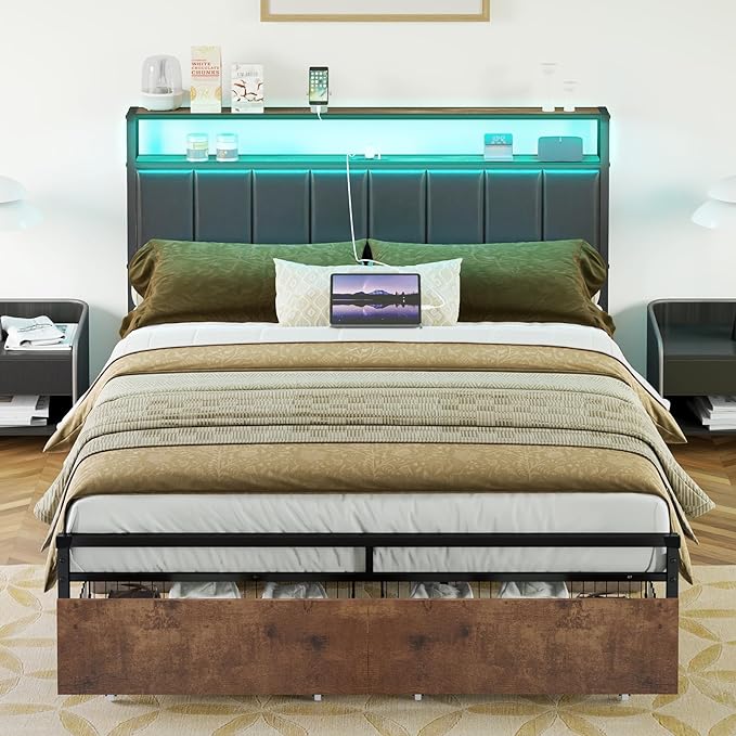 Queen Bed Frame with 2 Storage Drawers, LED Lights, Black