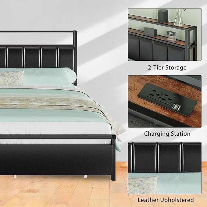 Queen Bed Frame with 2 Storage Drawers, LED Lights, Black