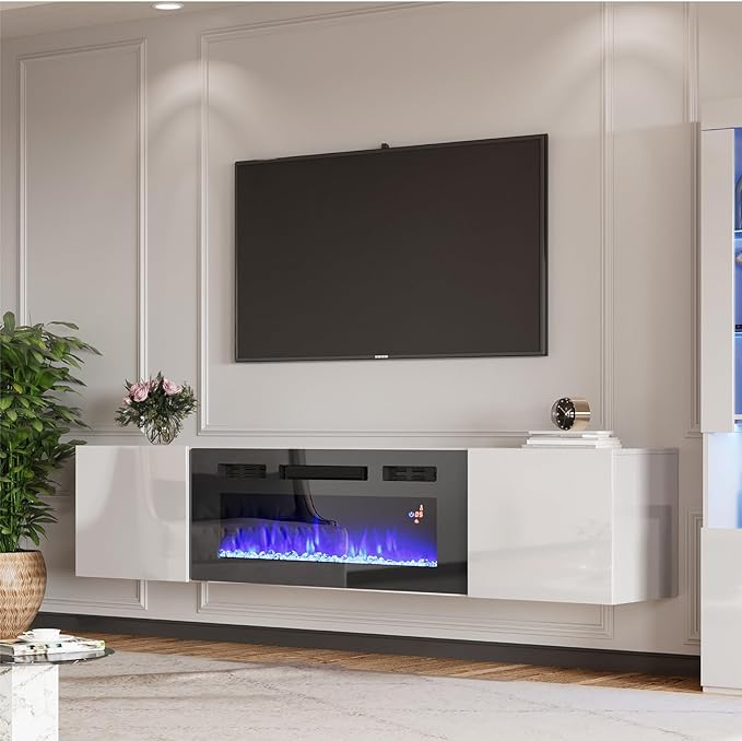 Floating TV Stand with 36" Electric Fireplace, High Gloss Finish Wall Mounted Fireplace Entertainment Center with Storage for TVs Up to 78", Black