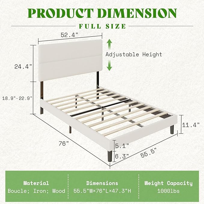 Queen Size Boucle Upholstered Bed Frame, Platform Bed with 47.3" High Adjustable Headboard & Strong Wooden Slats, No Box Spring Needed, Mattress Foundation,White