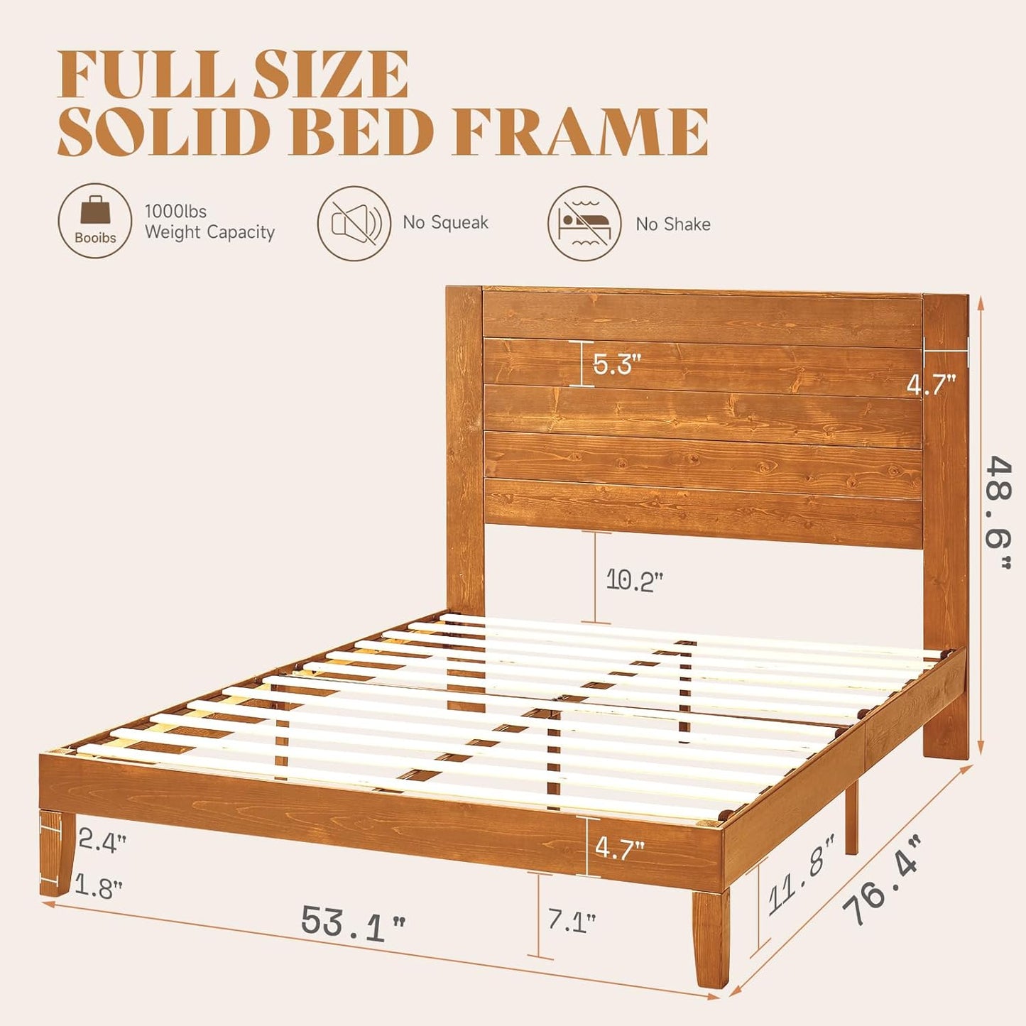 Solid Wood Bed Frame, Mid-Century Modern Platform Bed with 48.6" Headboard, Wooden Slats & Metal Support, Noise Free, No Box Spring Needed, Light Brown