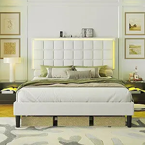 Full Size Button Tufted Platform Bed Frame with LED Lights, Upholstered Bed Frame with Charging Station, Wood Slat Support, Mattress Foundation, Light Grey