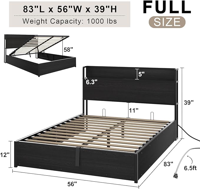 Full Size Lift Up Storage Bed Frame, Wooden Platform Bed Frame with Lifting Storage & Charging Station, No Spring Box Needed/Noise Free, Black