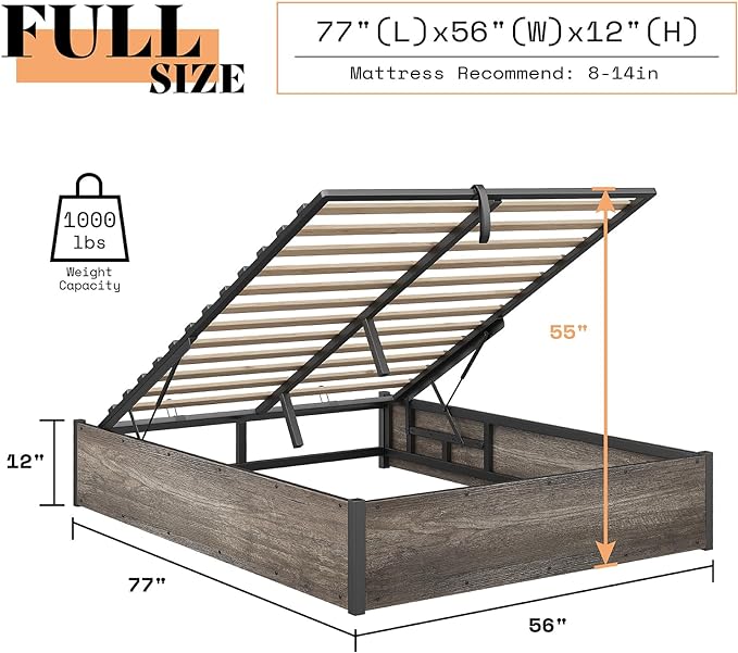 Lift Up Storage Bed, Full Bed Frame with Storage Underneath, Wooden Platform Bed Frame, Solid Wood Slats Support, No Fixed Headboard, No Box Spring Needed, Rustic Grey