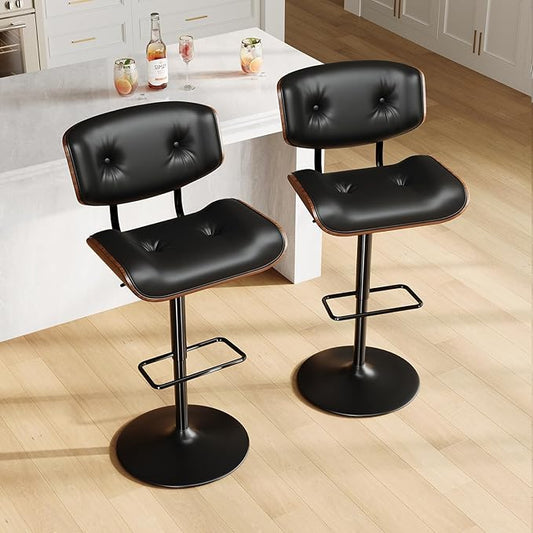 Adjustable Bar Stools Set of 2,Swivel Bar Stools with Back,Modern PU Leather Upholstered and Bentwood Bar Chair,Counter Stools for Bar, Kitchen, Dining Room