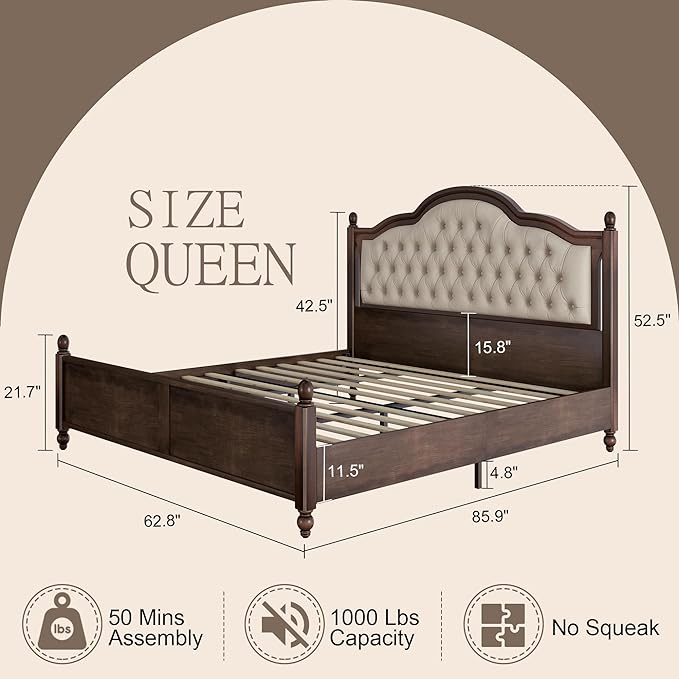 Solid Wood Bed Frame Queen Size, Transitional Platform Bed with 52.5" Upholstered Tufted Headboard, Rubberwood/Roman Column Accents/Wood Slat Support/No Box Spring Needed