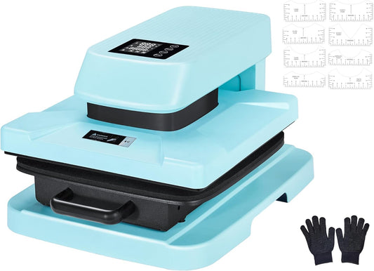 LUXOAK 15x15 Inch Heat Press Machine with Auto Release, Smart T-Shirt Printing for HTV, Sublimation & Heat Transfer, Includes 8pc T-Shirt Templates, Light Blue