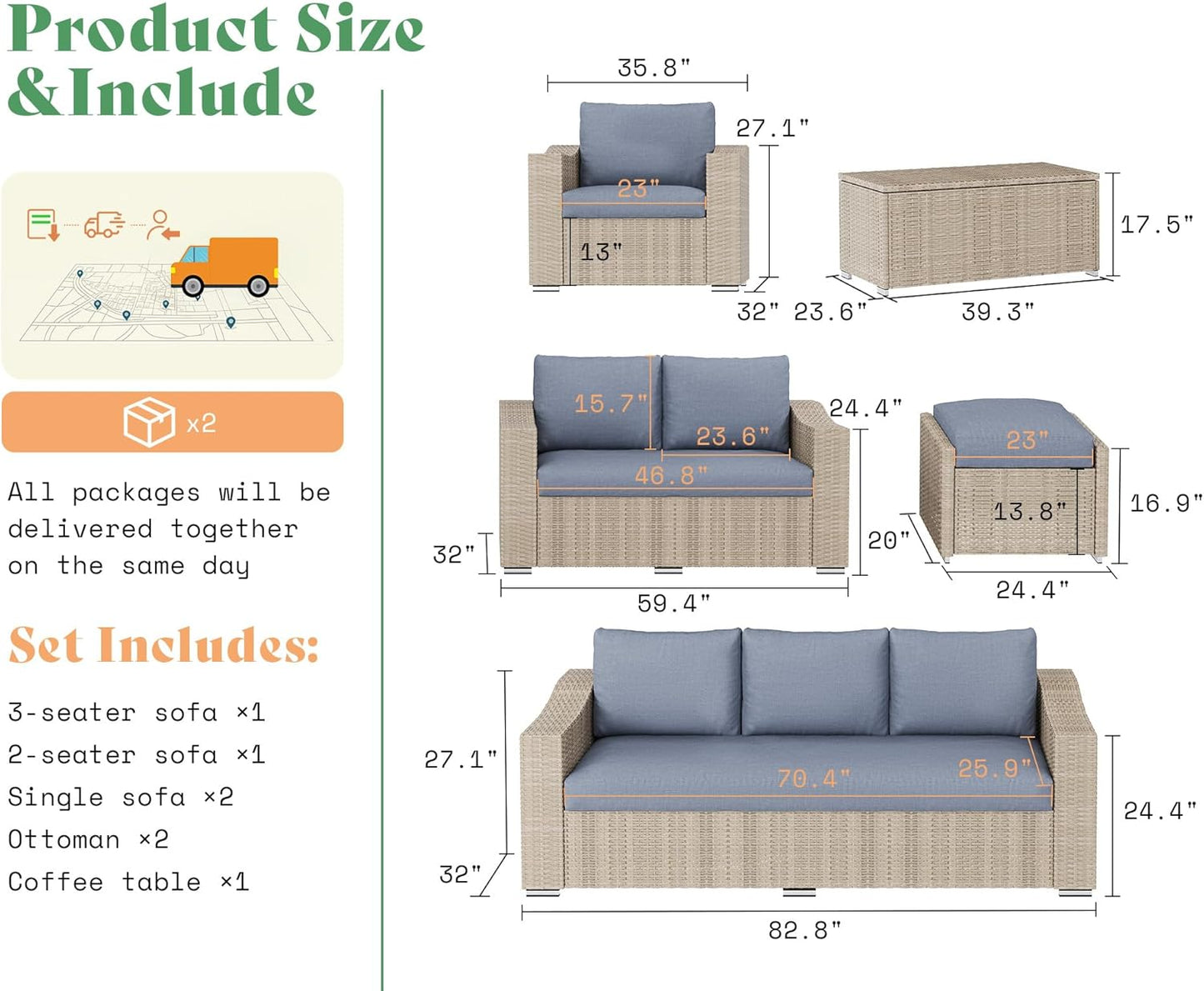 10-Piece Patio Furniture Set, Outdoor Sectional Sofa with Coffee Table for Backyard, Deck