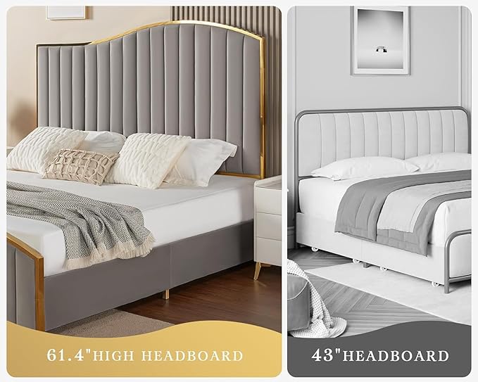 Queen Size Bed Frame, 61.4" High Headboard Platform Bed Velvet Upholstered with Gold Trim & Footboard/Wooden Slats/No Box Spring Required/Grey