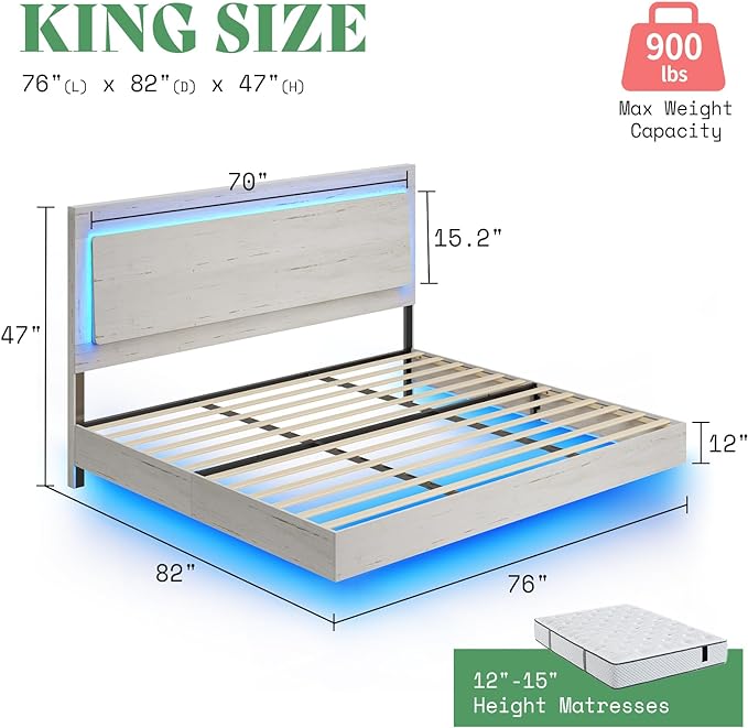 Full Bed Frame, Farmhouse Floating Bed Frame with Recline Headboard, Platform Bed with LED Light, No Box Spring Needed/Noise Free, Distressed White