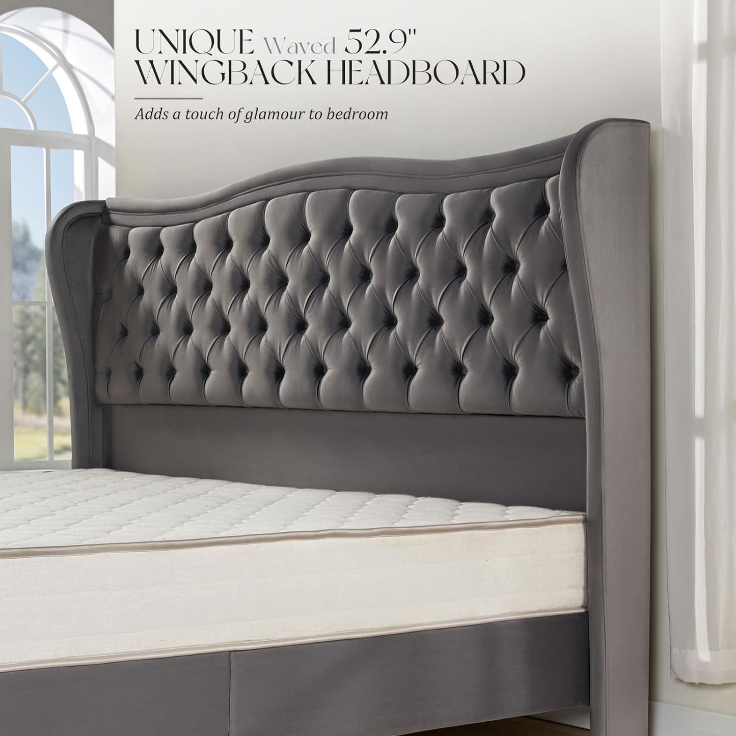 Queen Size Platform Bed Frame, Wavy Velvet Wingback Upholstered Bed with Handmade Deep Button Tufted 52.9" High Headboard & Footboard/No Box Spring Needed/Grey