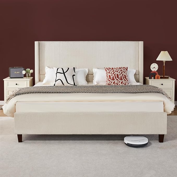 Queen Size Platform Bed Frame, 50.8" Corduroy Upholstered Bed with Vertical Channel Tufted Headboard/Wooden Slats/Wingback/No Box Spring Required/Taupe