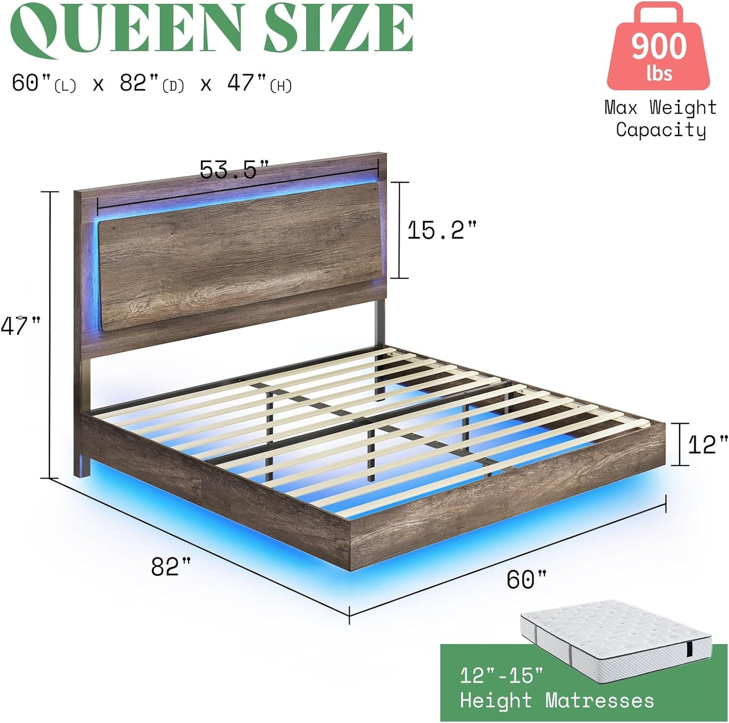 Bed Frame, Farmhouse Floating Bed Frame with Recline Headboard, Platform Bed with LED Light, No Box Spring Needed/Noise Free