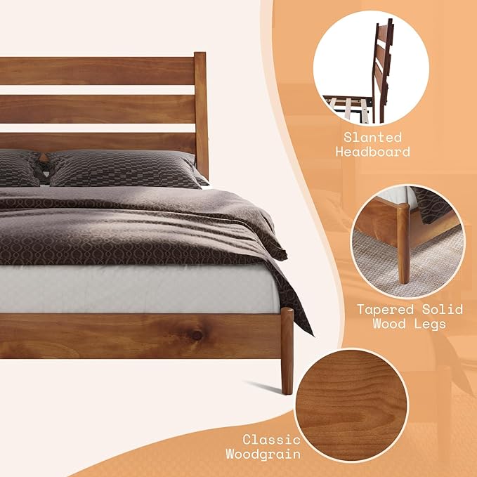 King Size Solid Wood Bed Frame, Mid Century Platform Bed with Reclining Slatted Headboard, Wood Slat Support,No Box Spring Needed, Noise Free, Light Brown