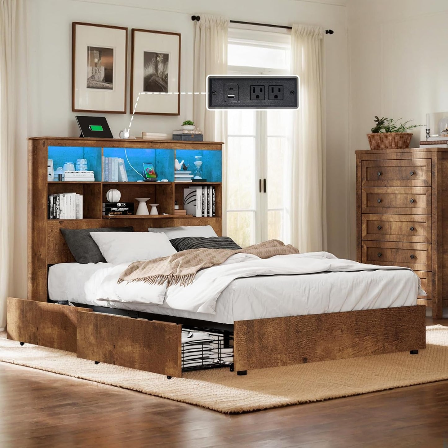 Bookcase Bed Frame with LED Headboard and 4 Drawers, Farmhouse Wood Storage Bed w