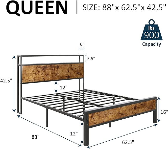 Full Size Bed Frame, Industrial Platform Bed with Charging Station, 2-Tier Storage Headboard/No Box Spring Needed/Noise-Free/Dark Brown