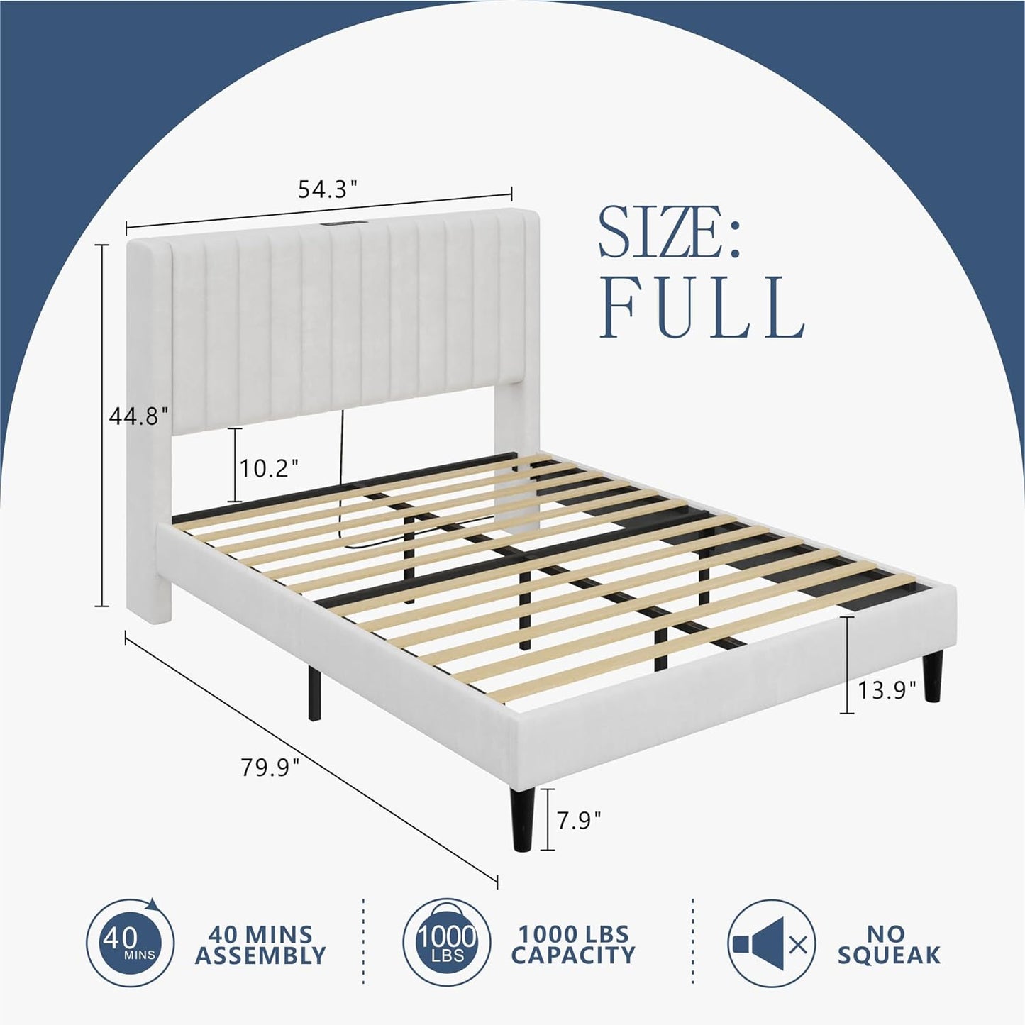 Full Size Bed Frame, Velvet Upholstered Platform Bed with Channel Tufted Headboard, Mattress Foundation with Wood Slats, No Box Spring Needed, Noise Free, White