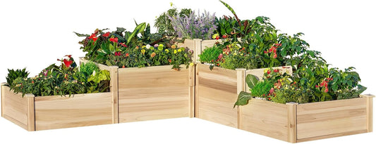 LUXOAK Raised Garden Bed Outdoor Gardening, 3-Tier Fir Wood Planter Box with Dividers and Leakage Hole, Large Garden Box Assembled without Tools, Ideal for Vegetables, Herbs, Flowers