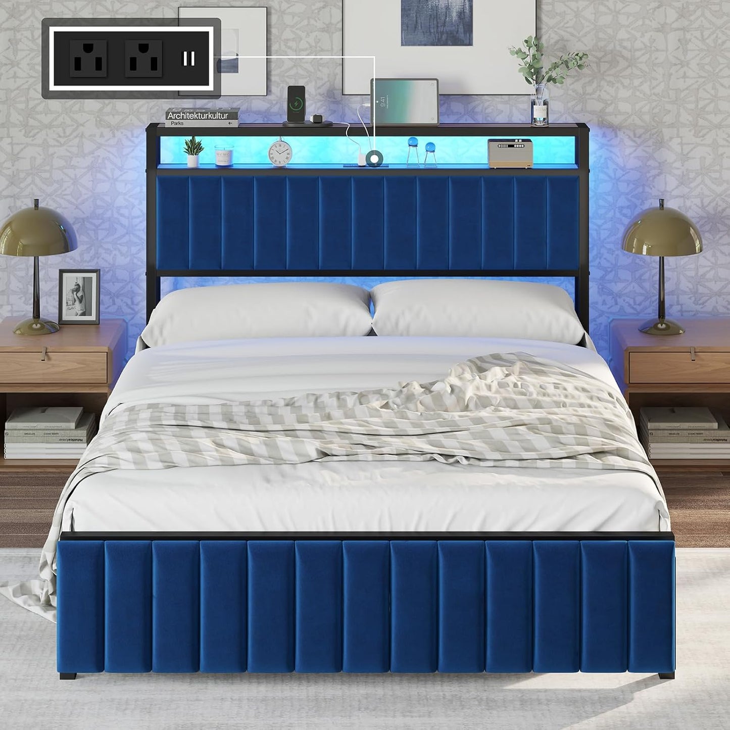 Bed Frame with LED Light and Charging Station, Velvet Upholstered Headboard with Storage Shelf, Heavy Duty Metal Slats/No Box Spring Needed/Easy Assembly