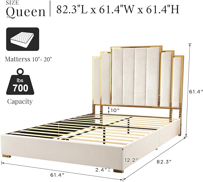 King Size Platform Bed Frame, 65" Velvet Upholstered Bed with Gold Trim Headboard/Wooden Slats/No Box Spring Needed/Cream